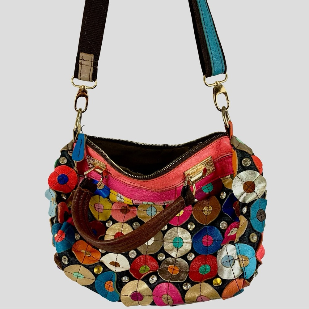 Pink and Blue Floral Shoulder Bag with Textured Design